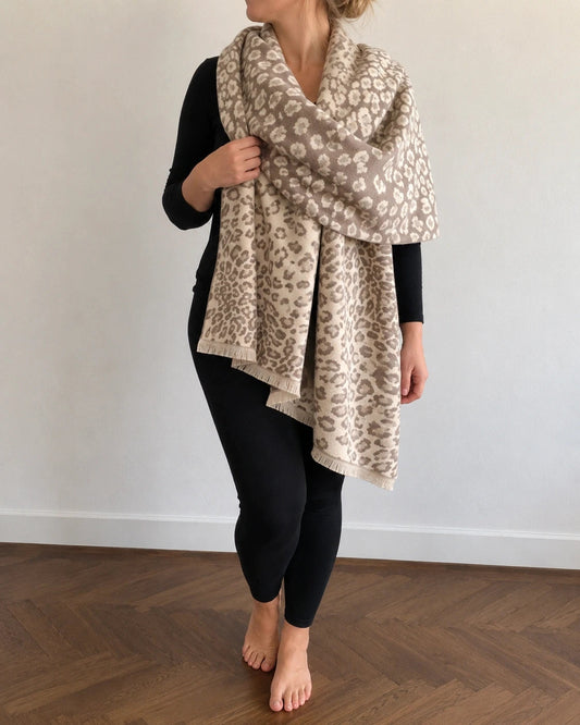 beige shawl cream grey animal print reversible polyester fabric
