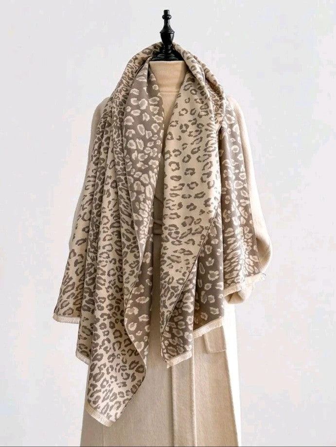 beige shawl cream grey animal print reversible polyester fabric