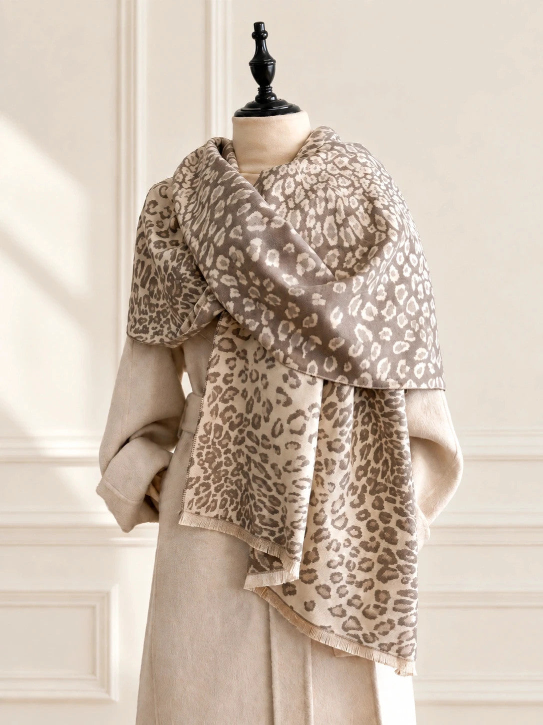 beige shawl cream grey animal print reversible polyester fabric