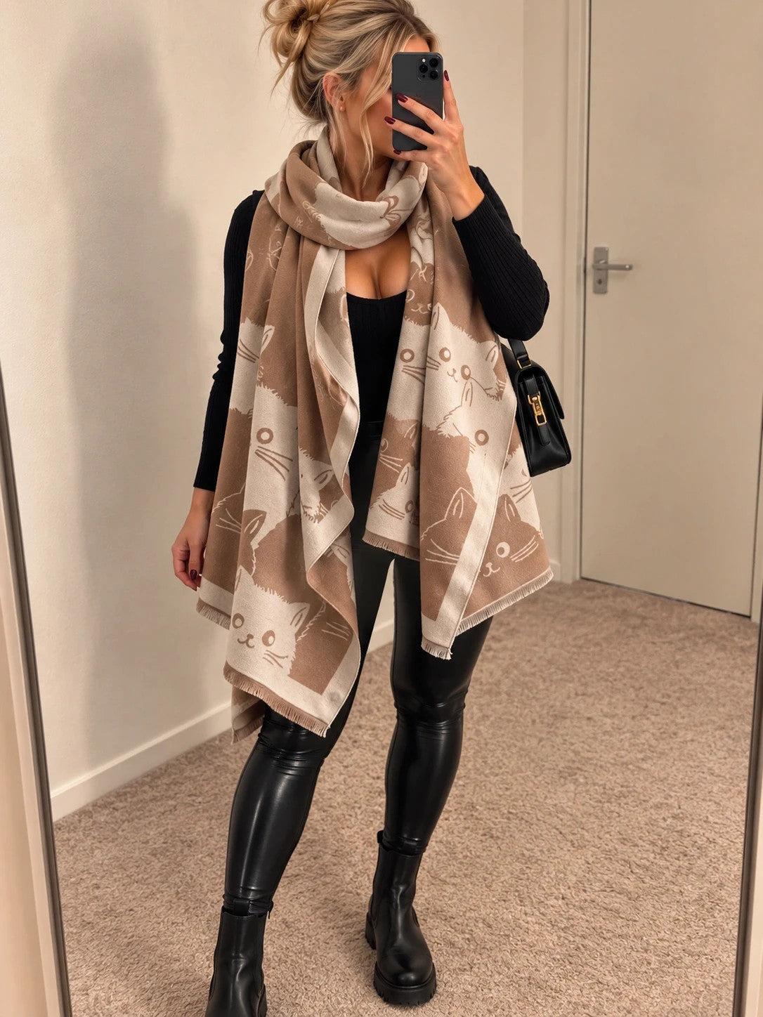 Braun reversible shawl beige and brown with cute cat motif, soft fabric.
