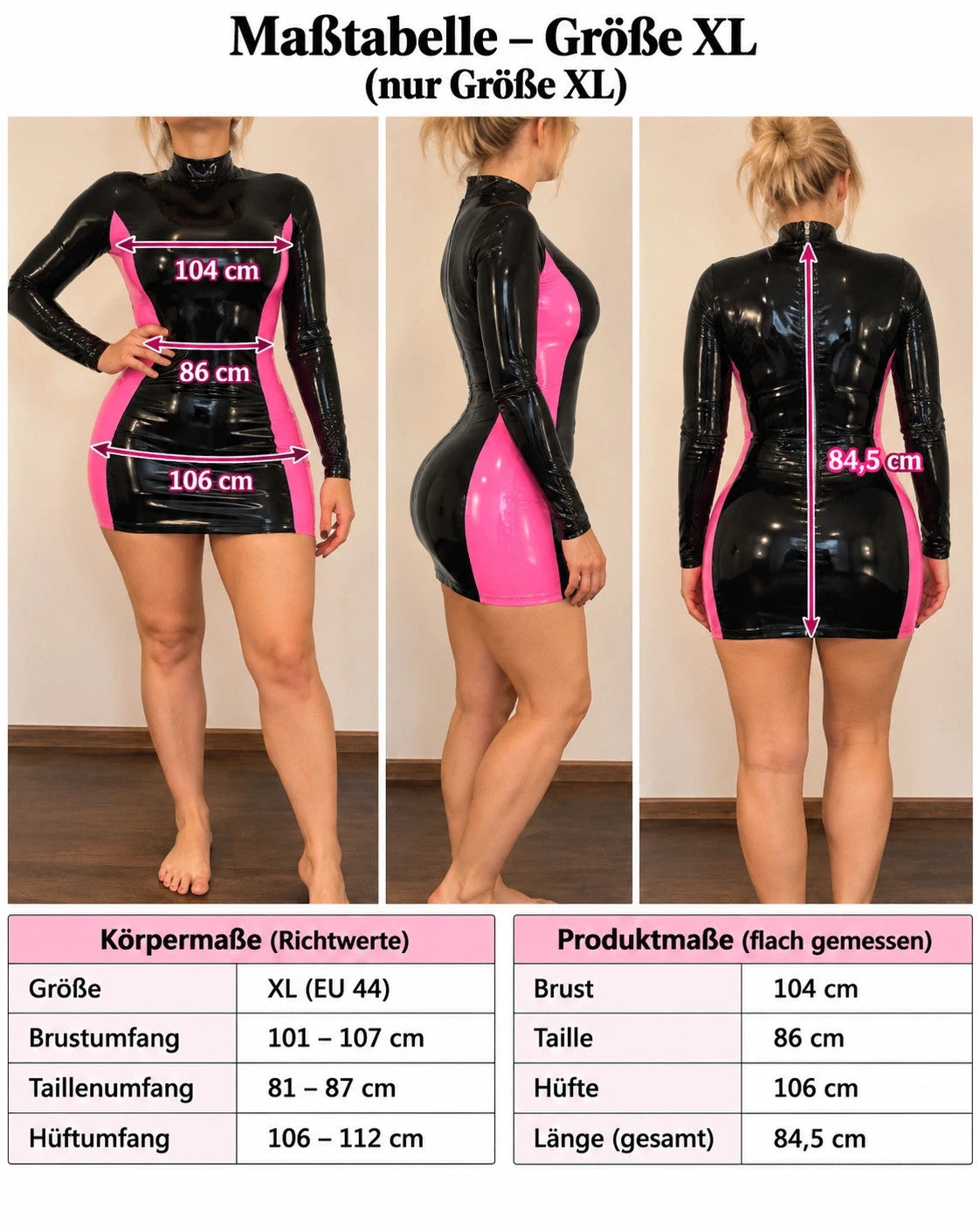 REI black and pink bandage dress with glossy wetlook, high collar, and back zipper.
