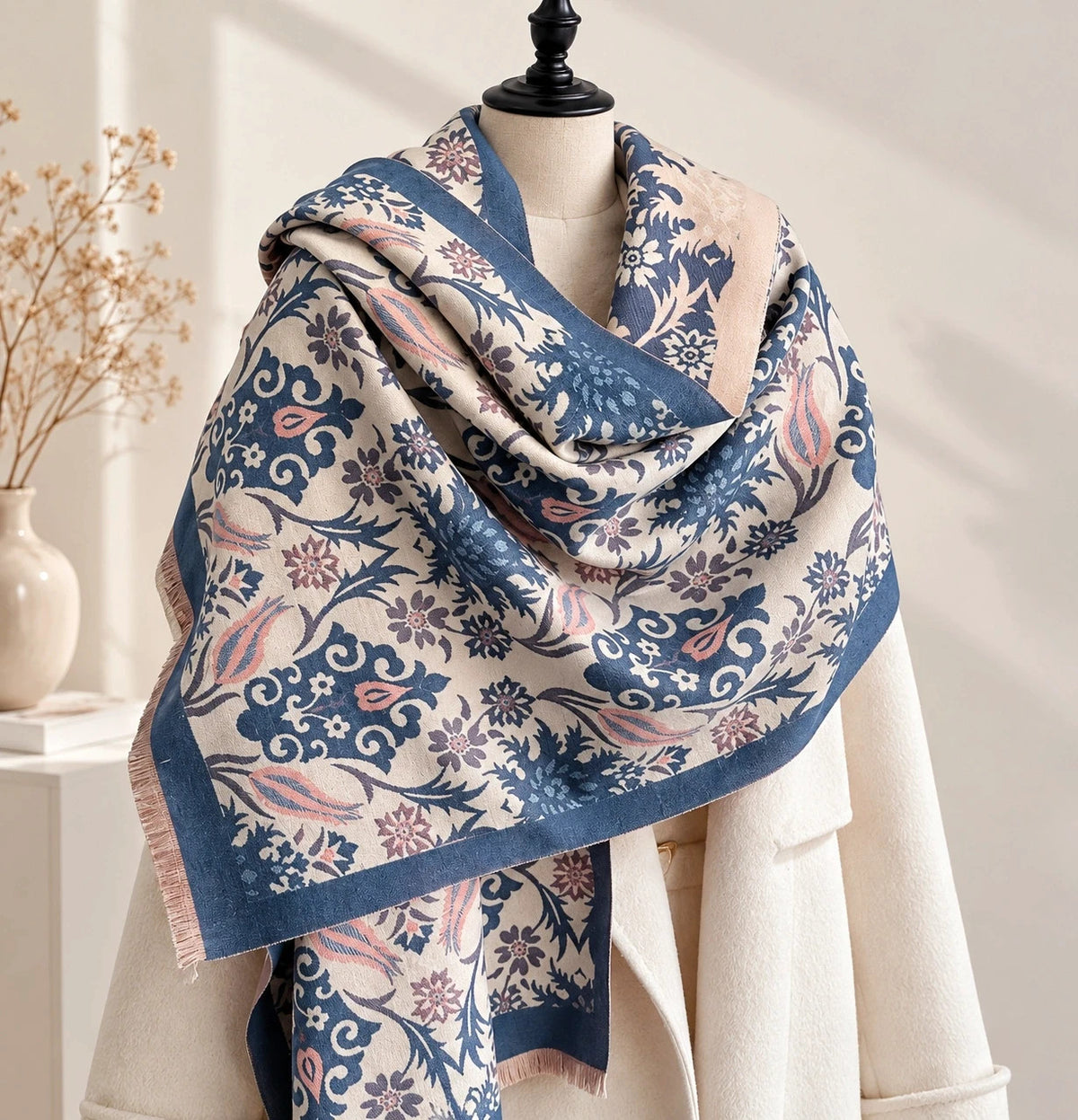 XXL shawl blue and cream reversible with floral and ornamental pattern, soft polyester material.