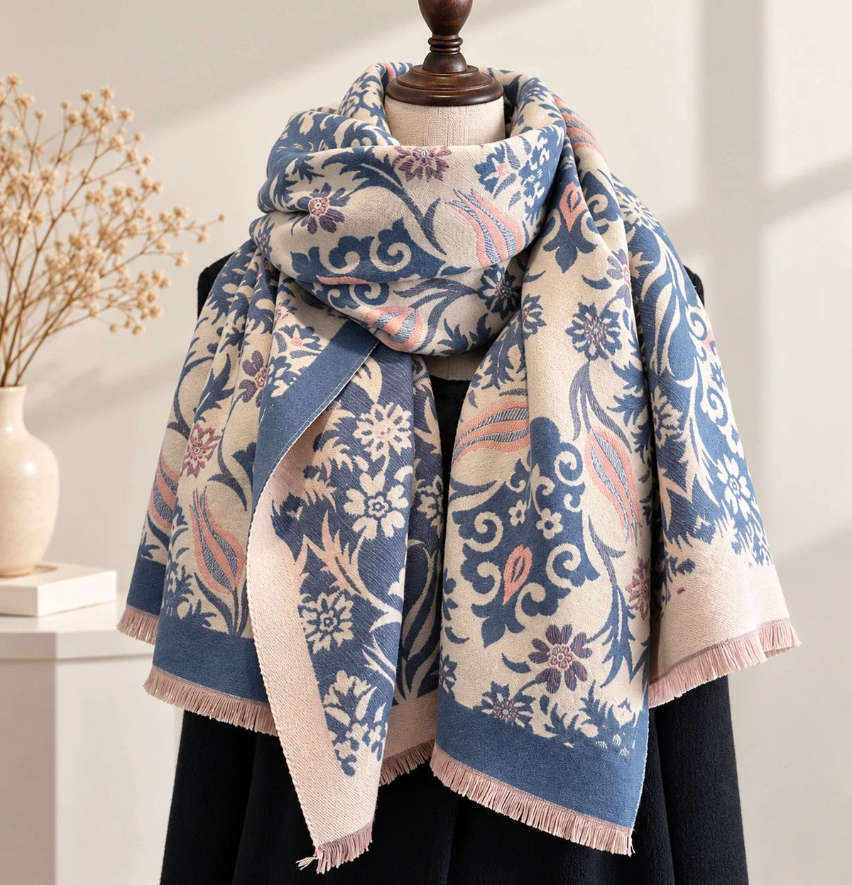 XXL shawl blue and cream reversible with floral and ornamental pattern, soft polyester material.