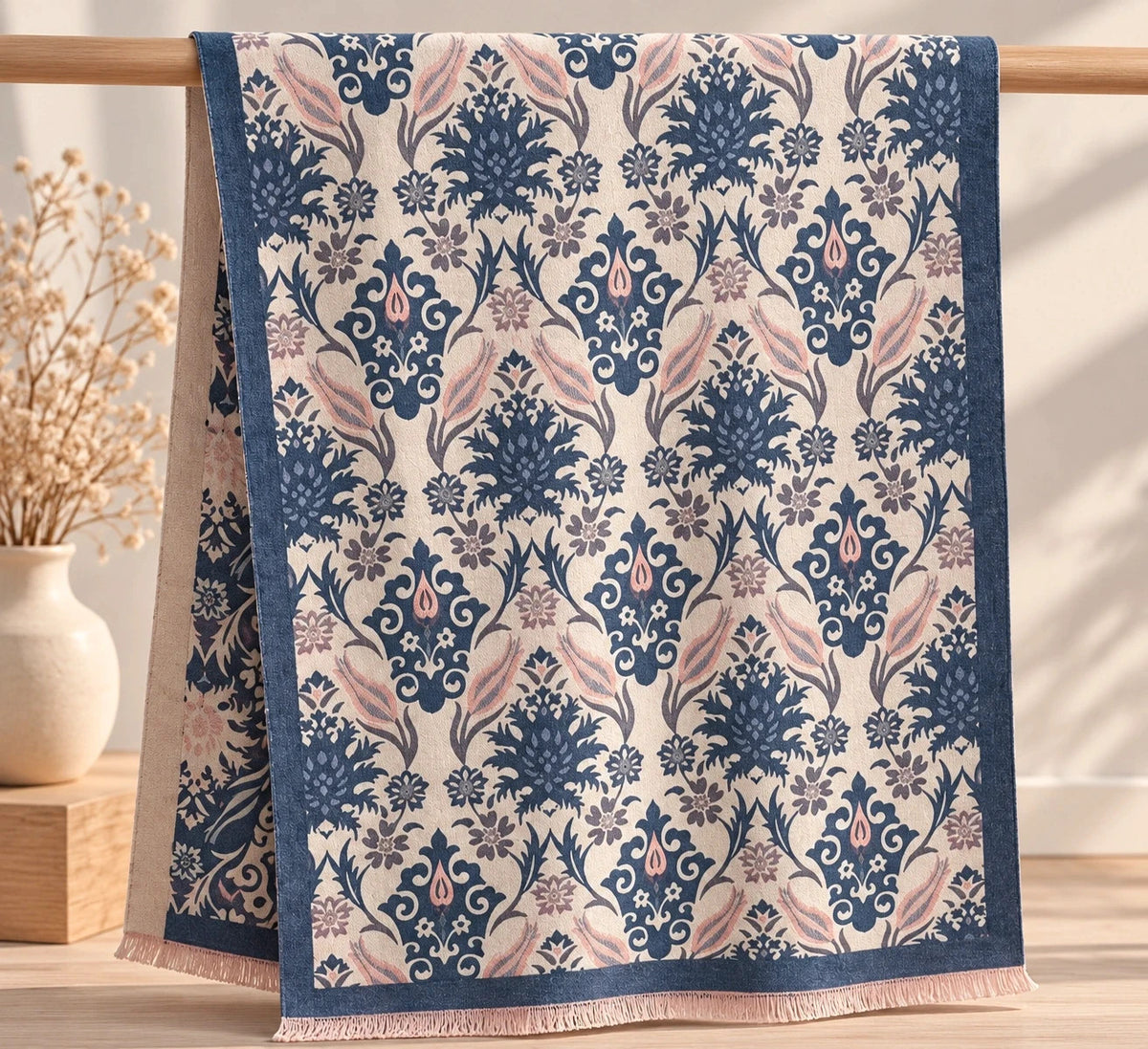 XXL shawl blue and cream reversible with floral and ornamental pattern, soft polyester material.