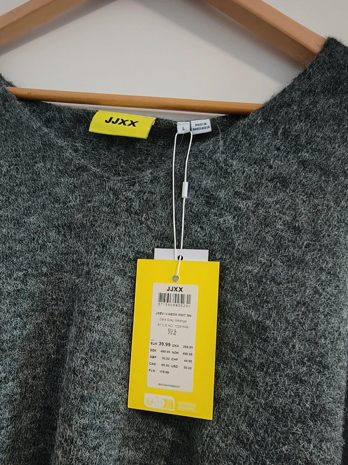 JJXX grey jumper with V-neck, soft knit texture, new with tags.