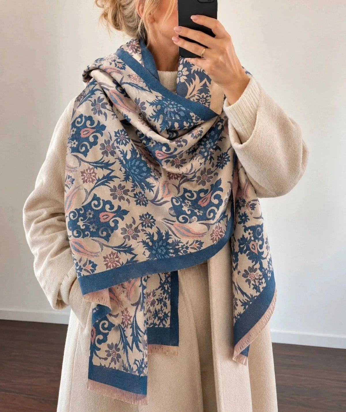 XXL shawl blue and cream reversible with floral and ornamental pattern, soft polyester material.