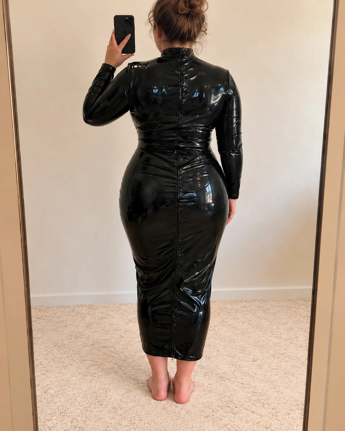 L'ange black wetlook maxi dress long sleeves high collar shiny material