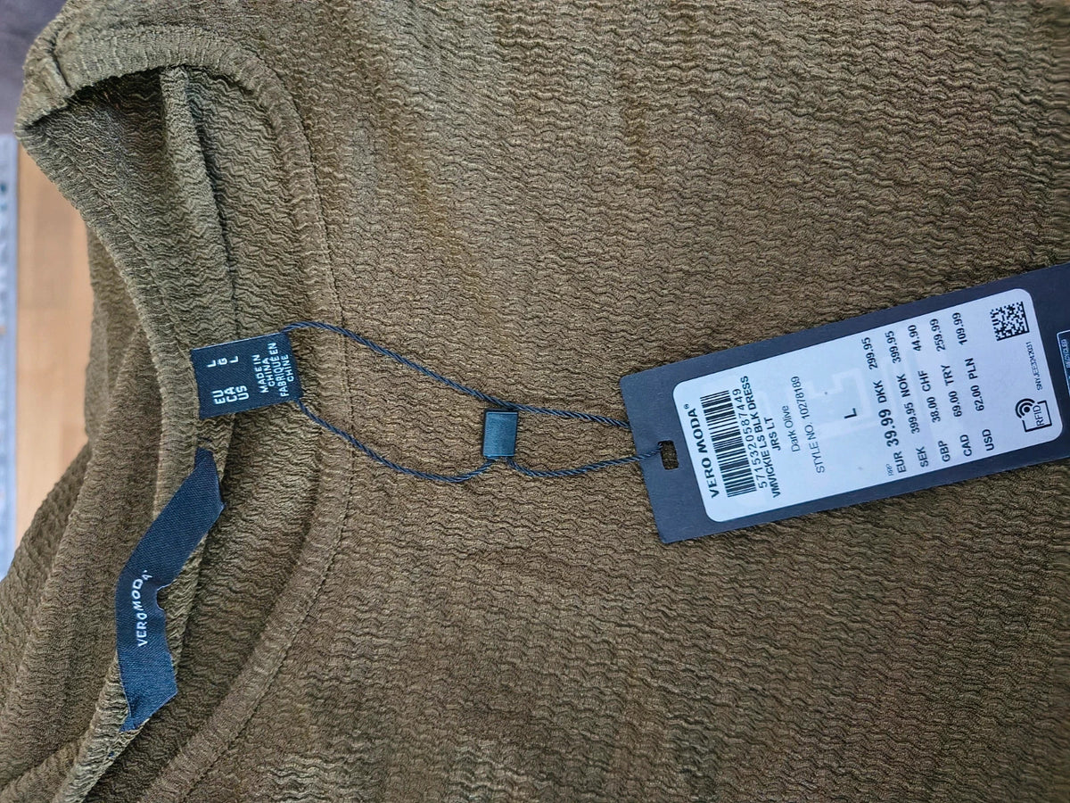 VERO MODA khaki linen maxi dress with long sleeves and round neckline, new with tag.