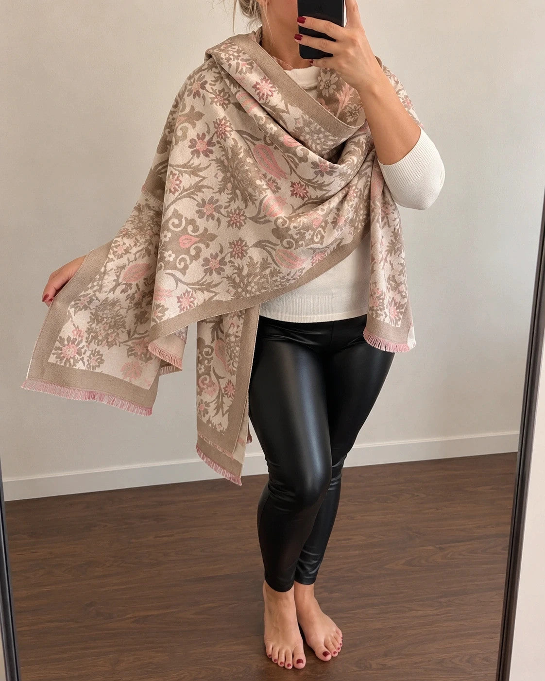 XXL beige pink shawl floral tulip pattern soft polyester with fringed edges