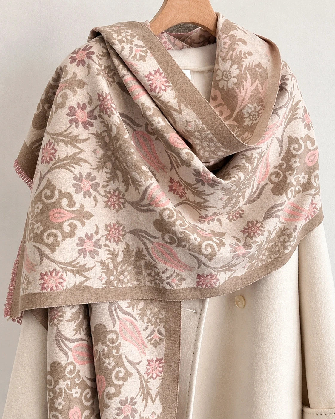 XXL beige pink shawl floral tulip pattern soft polyester with fringed edges