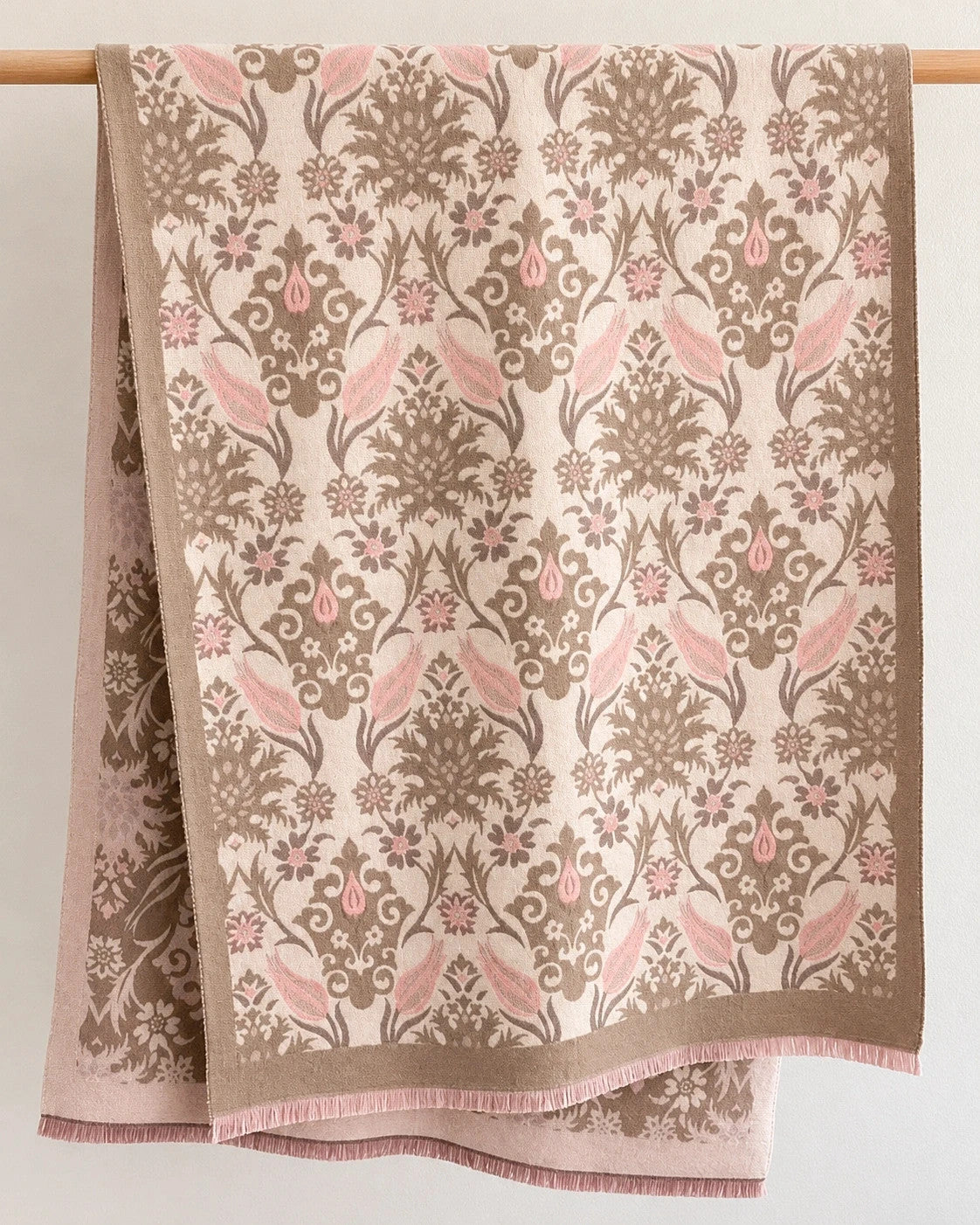 XXL beige pink shawl floral tulip pattern soft polyester with fringed edges