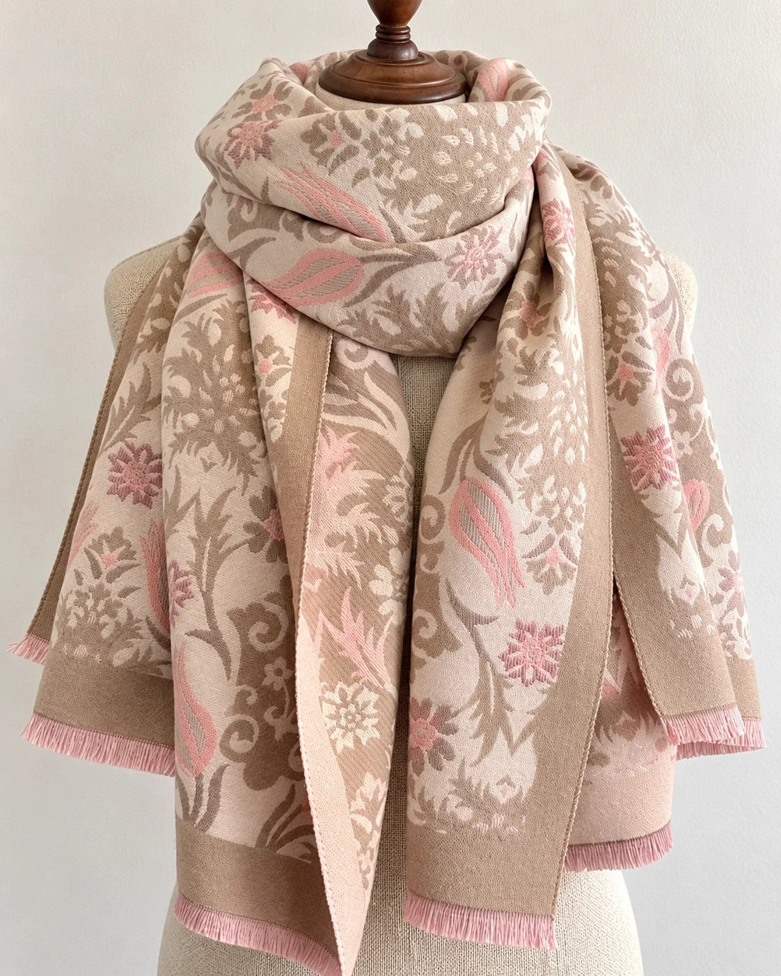 XXL beige pink shawl floral tulip pattern soft polyester with fringed edges