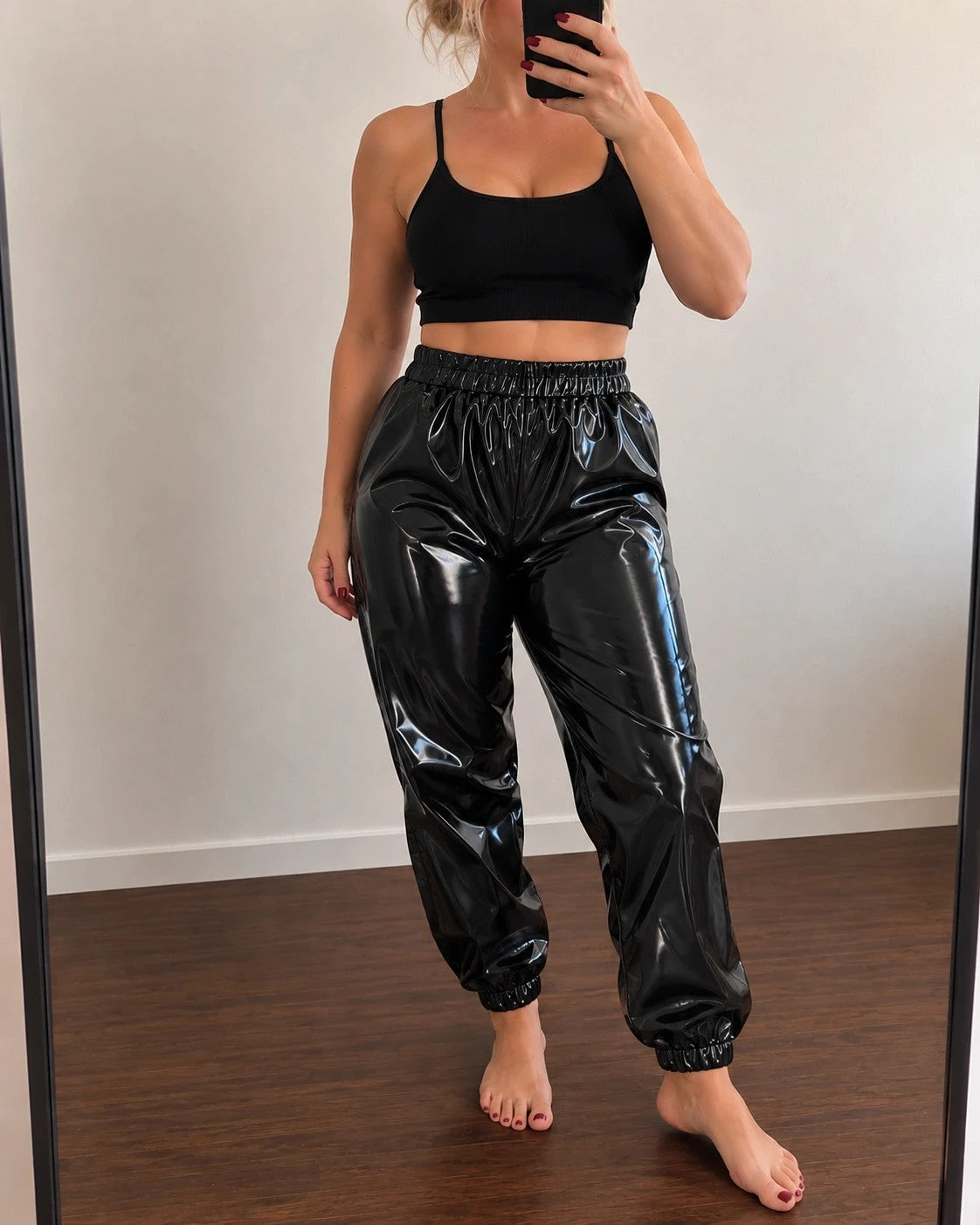 locker black joggers shiny wetlook elastic waistband and cuffs no pockets