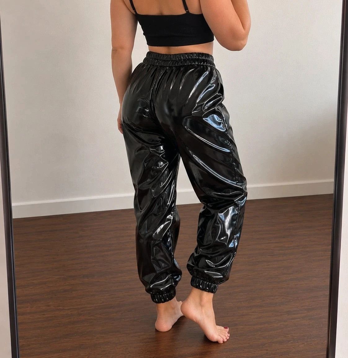 locker black joggers shiny wetlook elastic waistband and cuffs no pockets