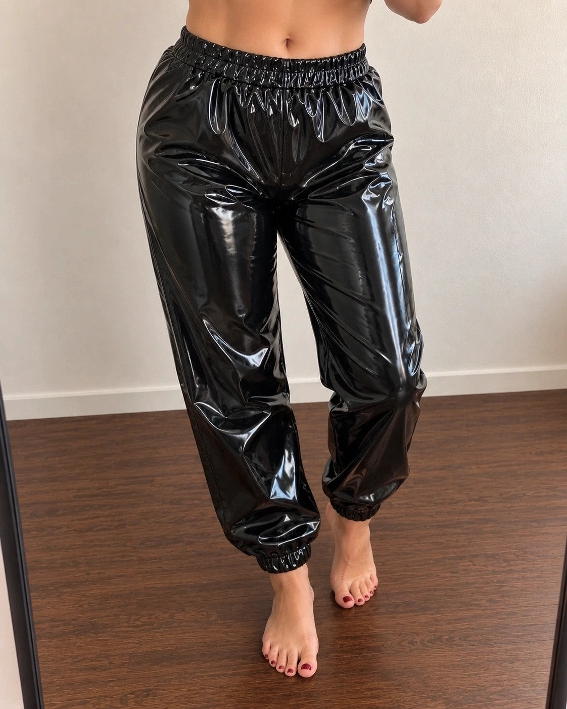 locker black joggers shiny wetlook elastic waistband and cuffs no pockets