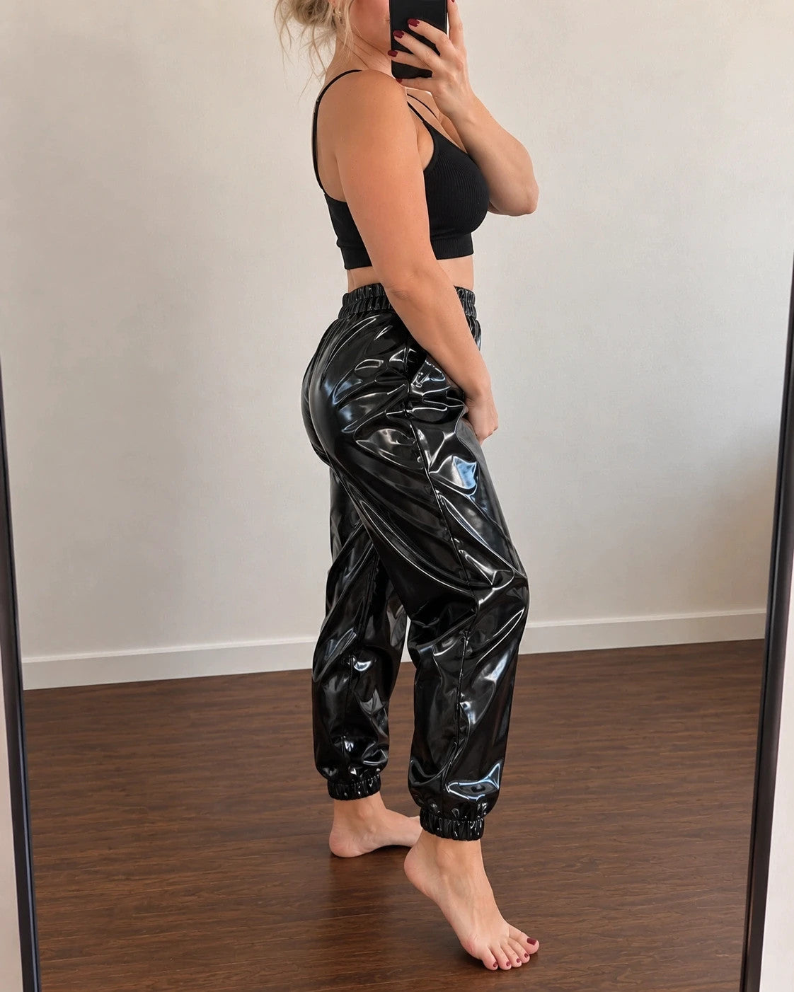 locker black joggers shiny wetlook elastic waistband and cuffs no pockets