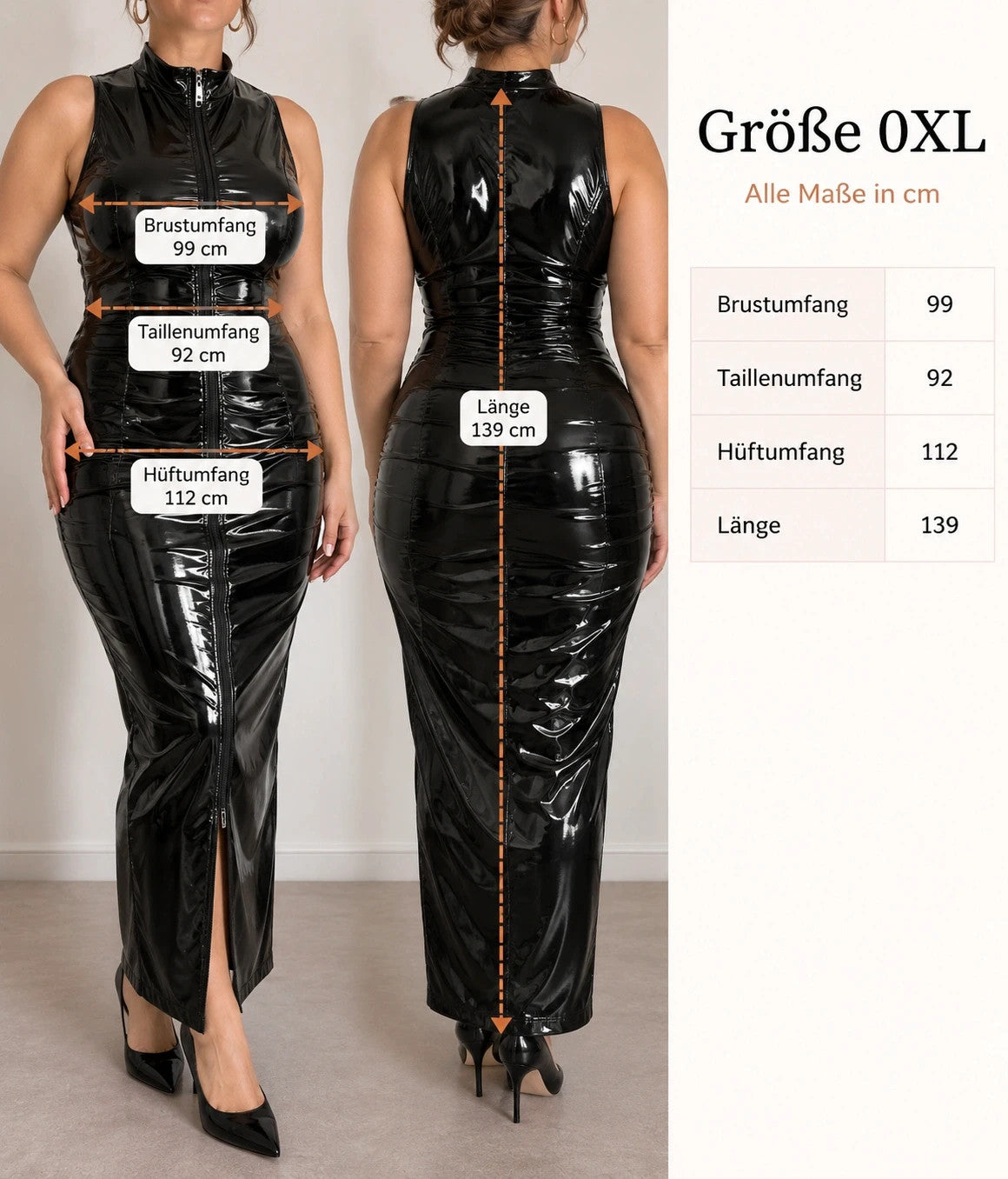 REI black linen maxi dress with high collar and front zipper, glossy wetlook finish.
