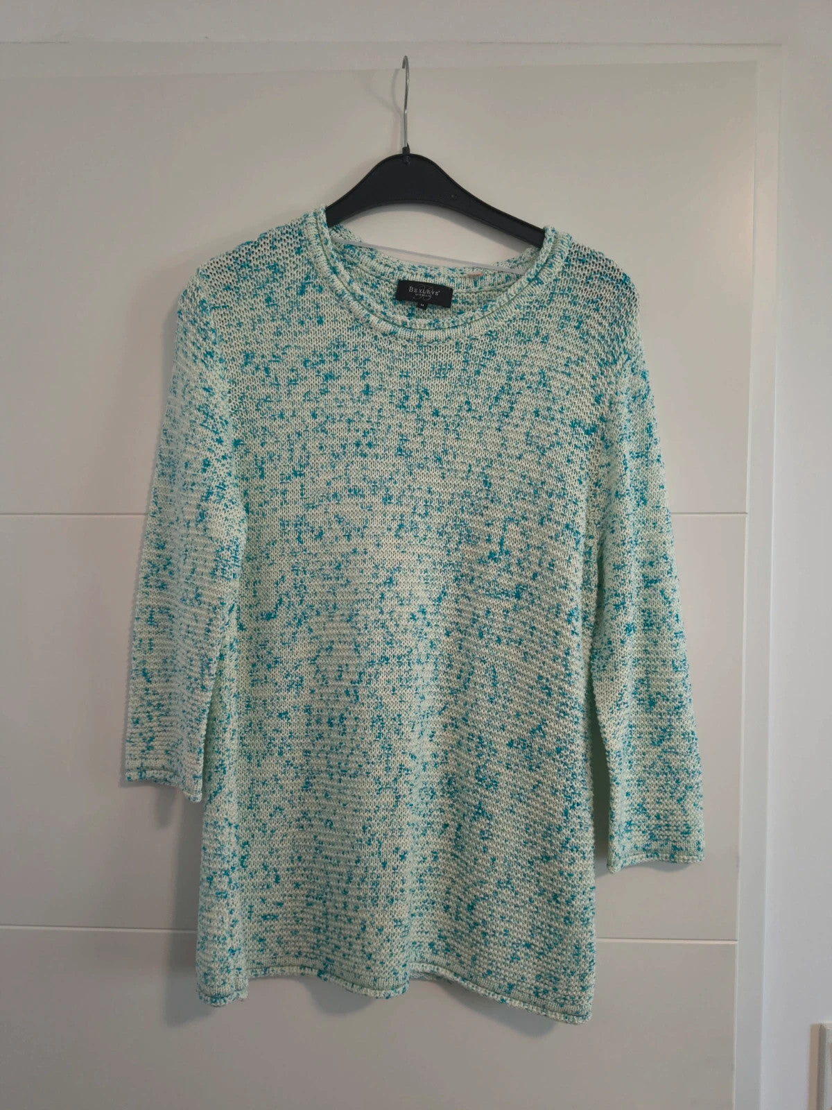 Bexleys long pullover turquoise and cream chunky knit with round neckline and relaxed fit.