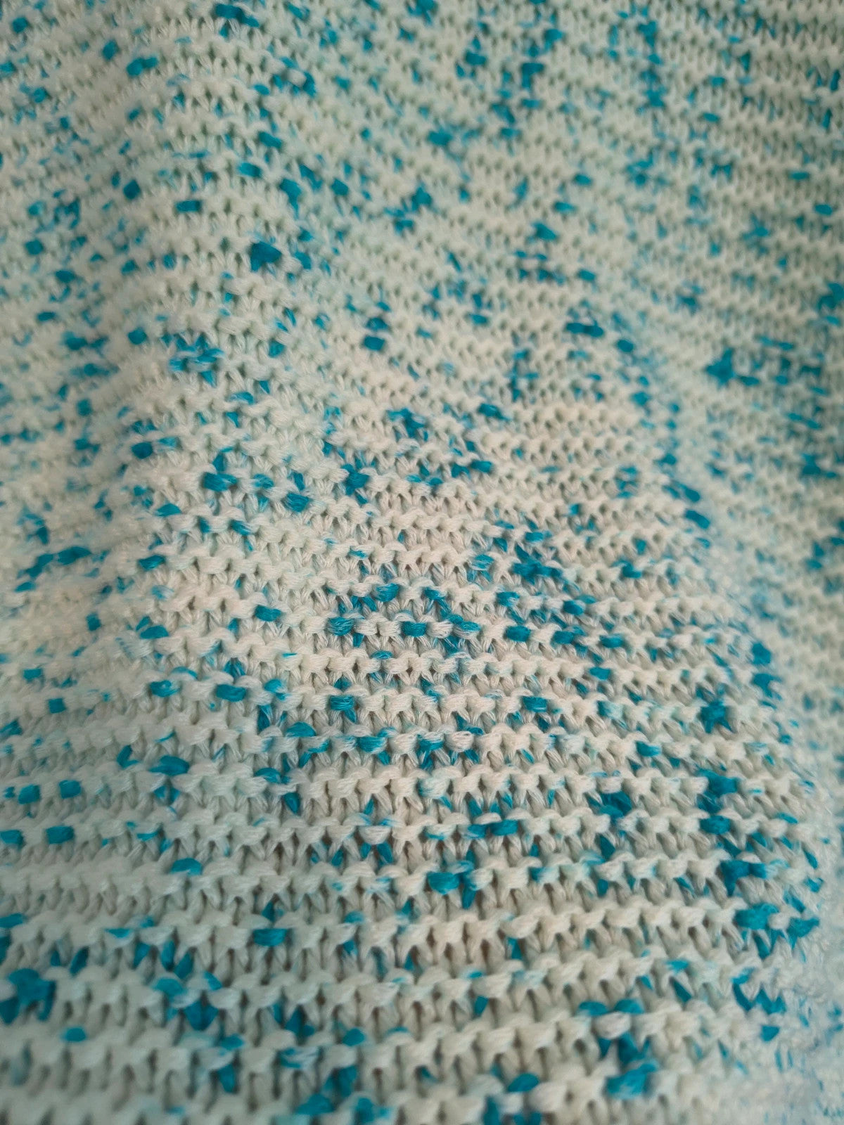Bexleys long pullover turquoise and cream chunky knit with round neckline and relaxed fit.
