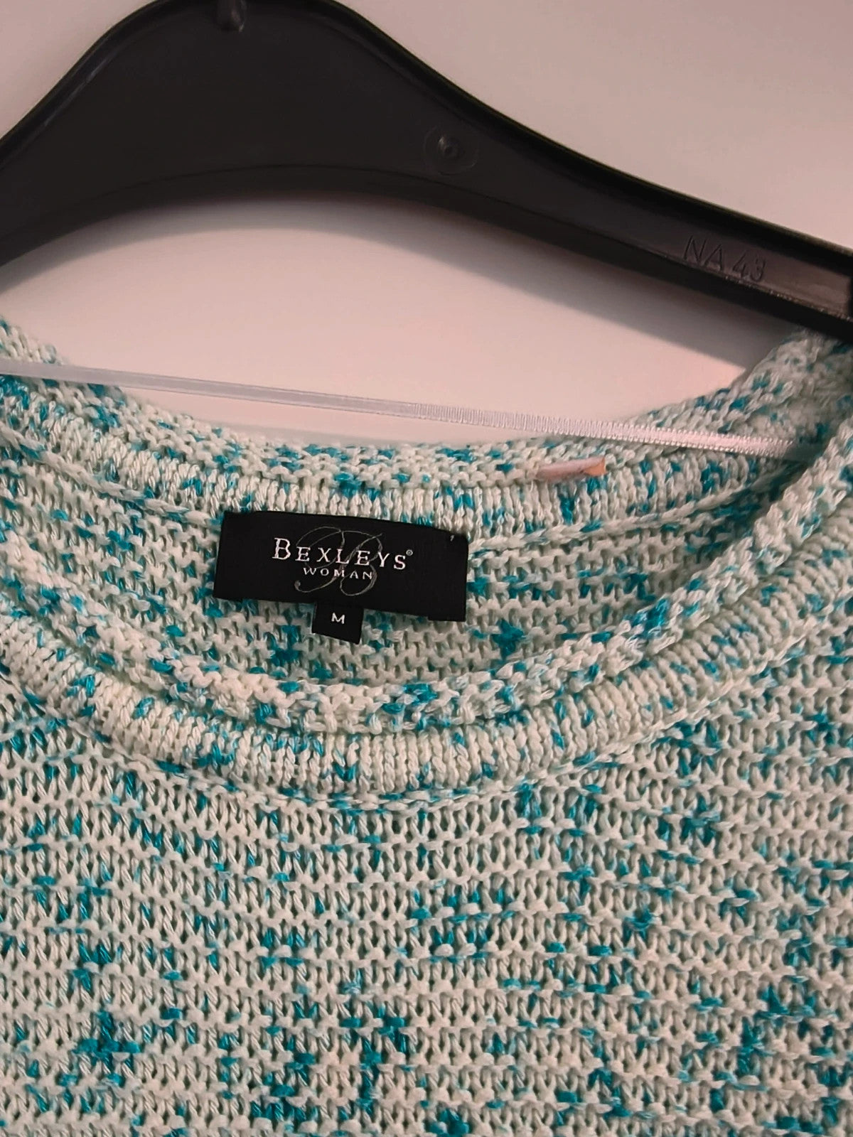 Bexleys long pullover turquoise and cream chunky knit with round neckline and relaxed fit.