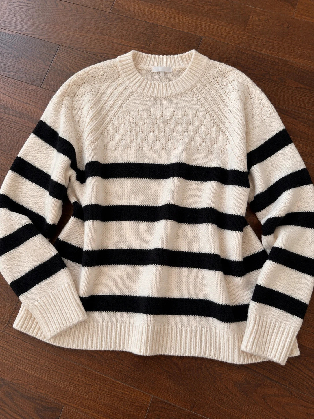 ONLY oversized pullover cream and black striped with logo, new with tags.