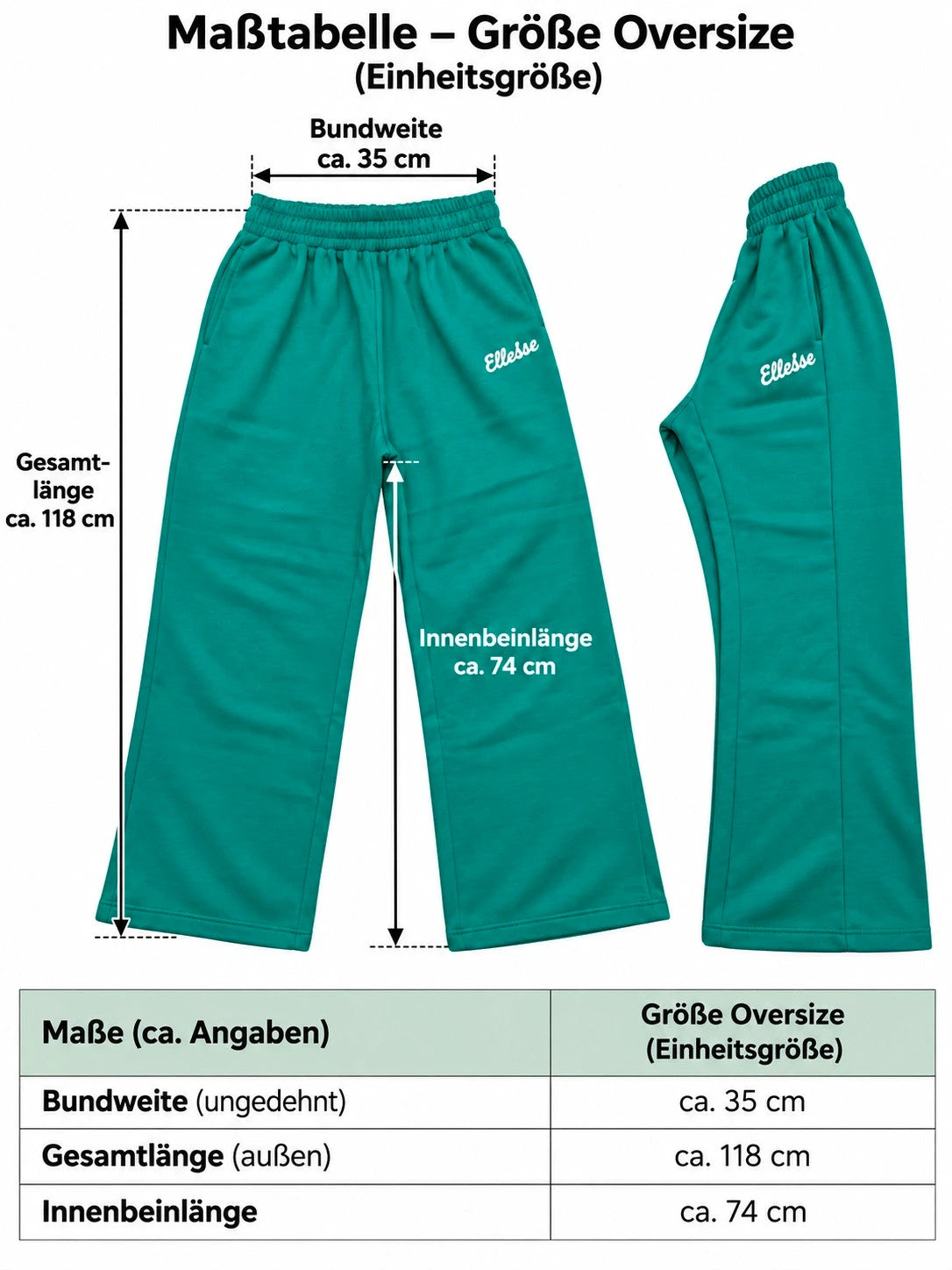 Ellesse green wide-leg jogging pants with logo, elastic waistband, and side pockets.