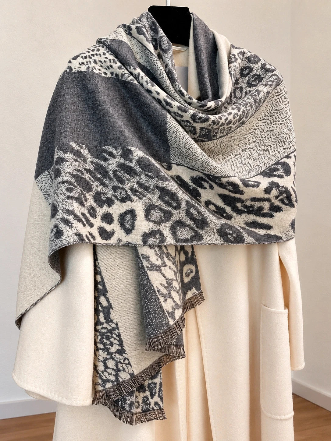 Creme shawl cream grey leopard pattern soft polyester fabric large versatile design