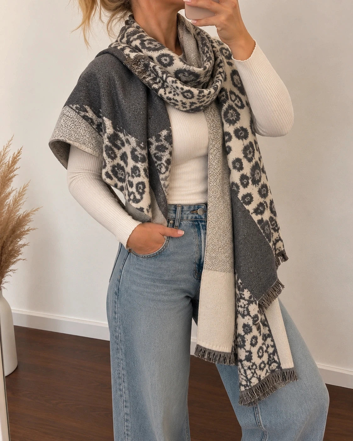 Creme shawl cream grey leopard pattern soft polyester fabric large versatile design