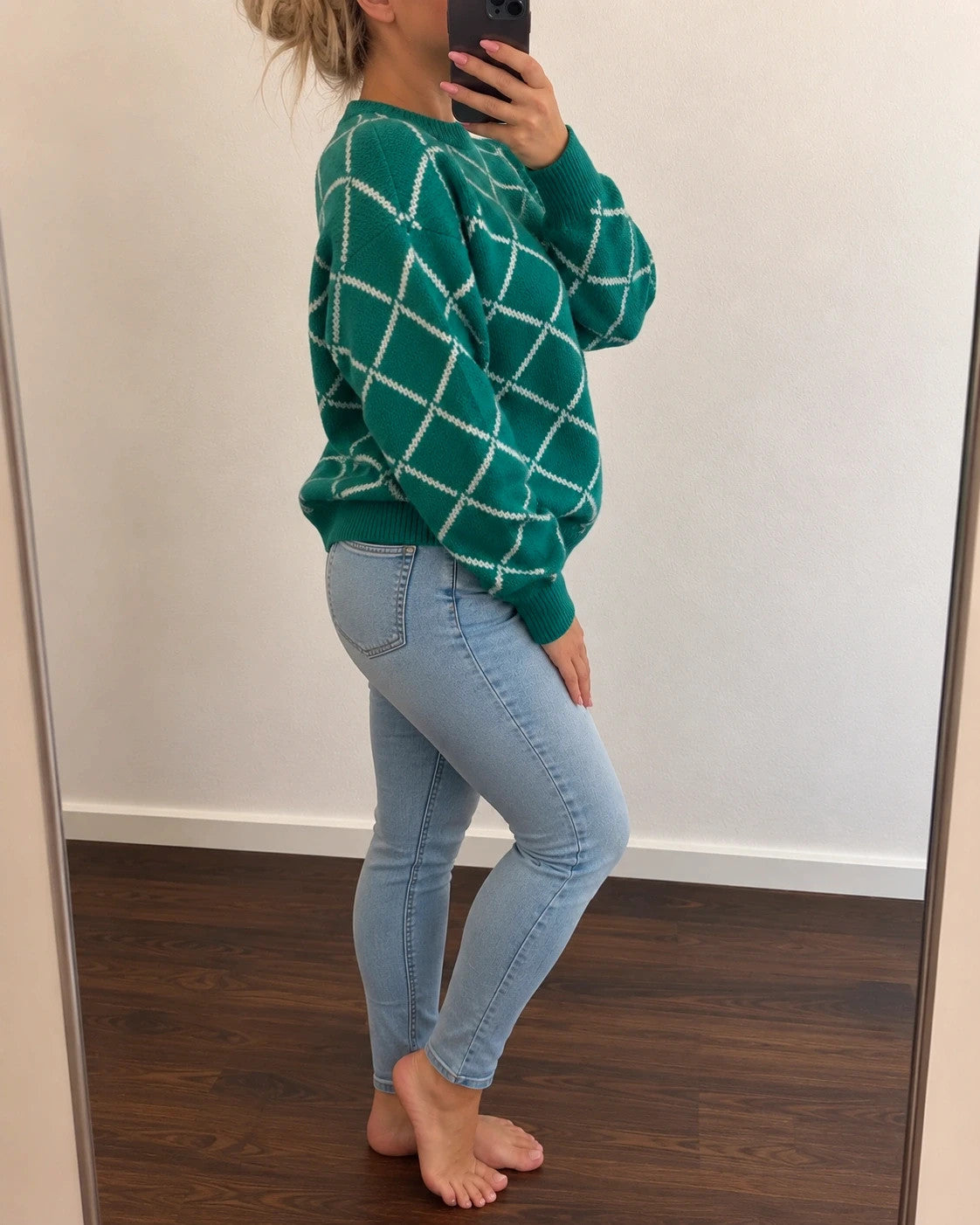ONLY green pullover with white diamond pattern, slightly oversized, brand label attached.