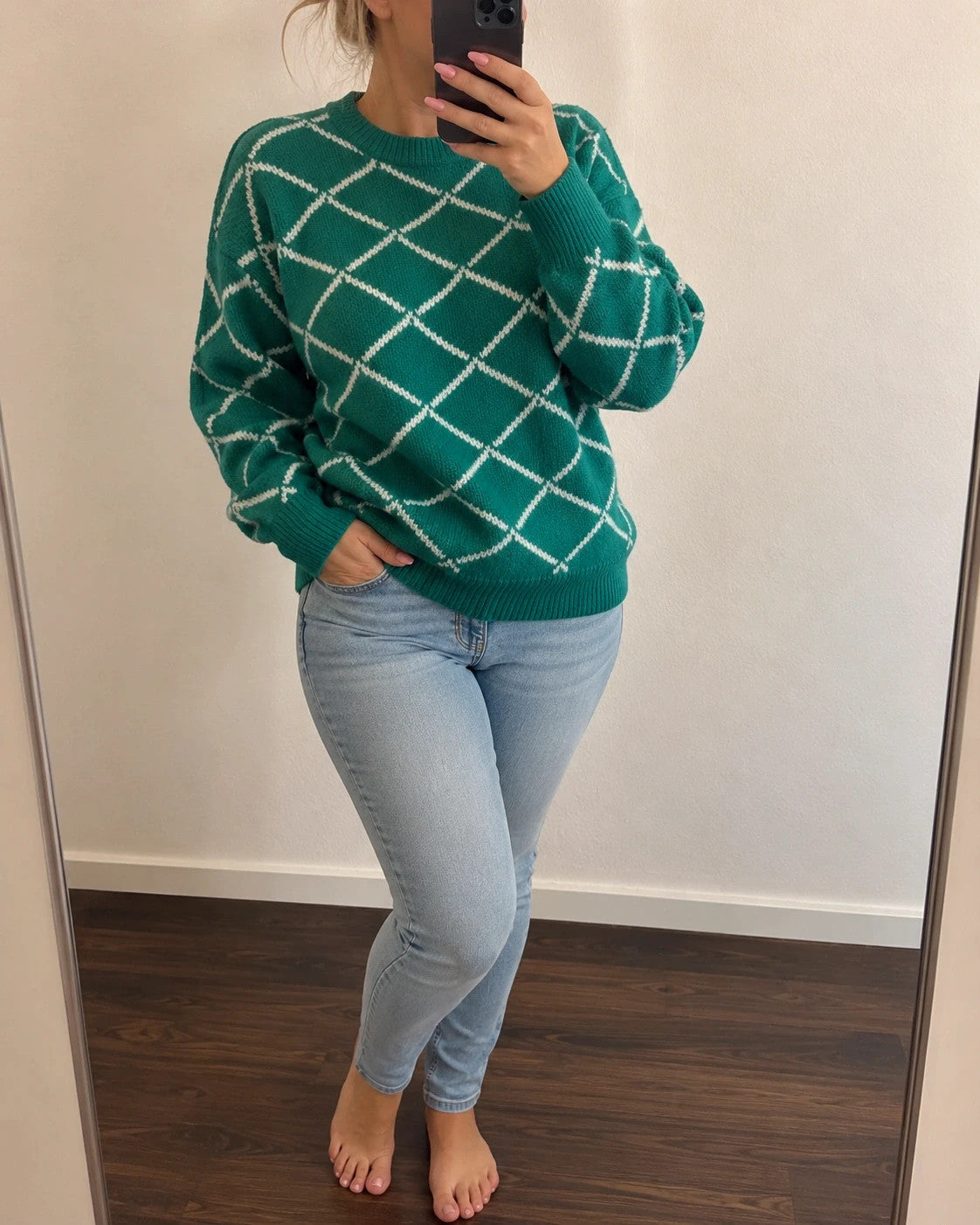 ONLY green pullover with white diamond pattern, slightly oversized, brand label attached.