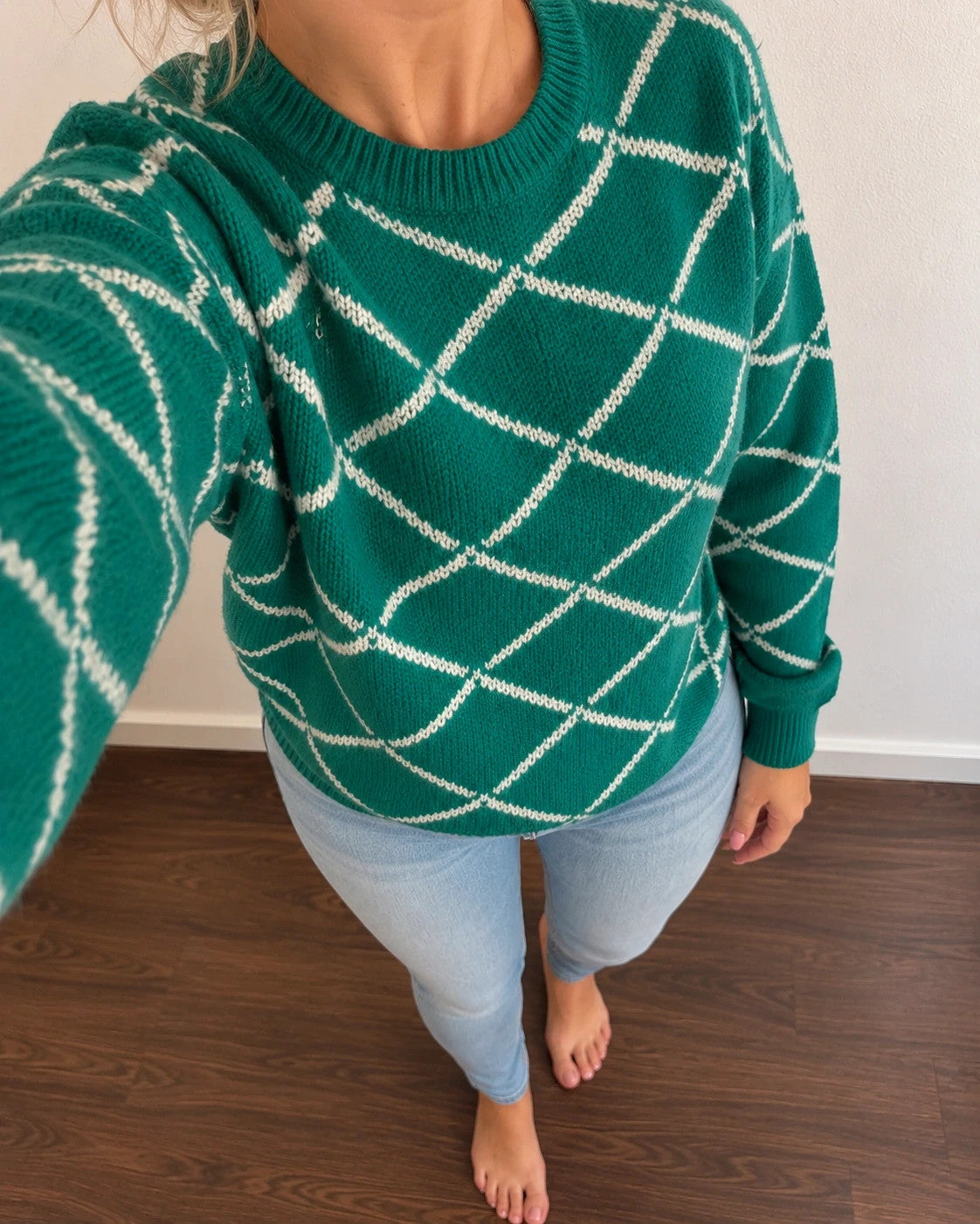 ONLY green pullover with white diamond pattern, slightly oversized, brand label attached.