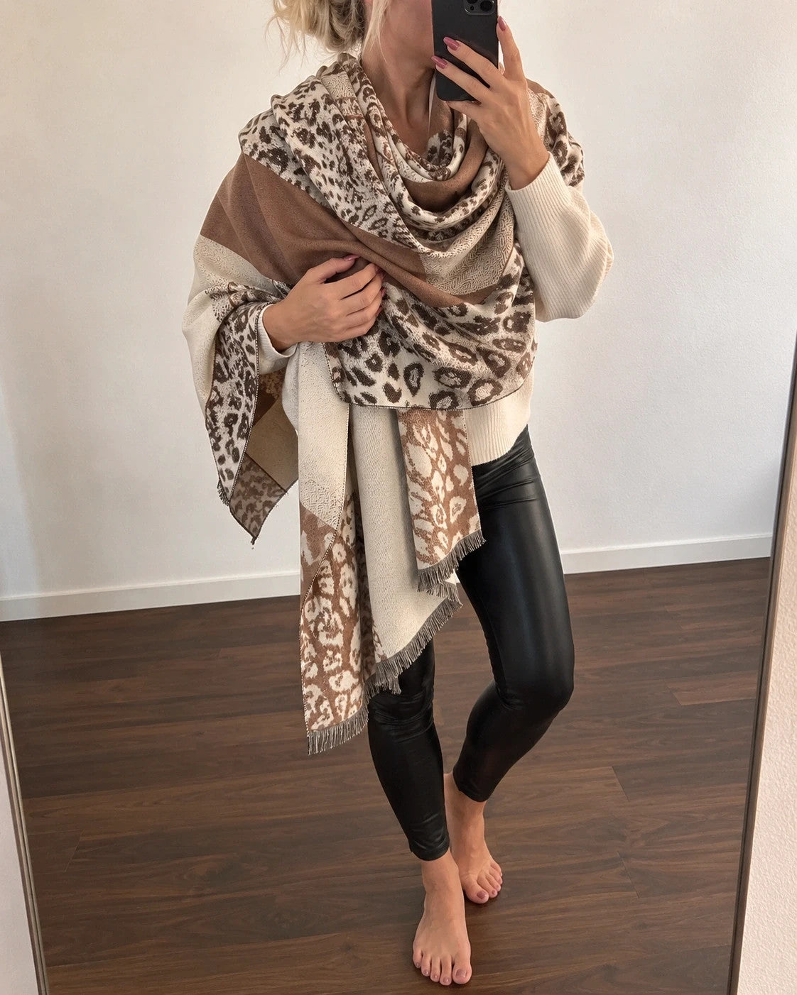 Creme beige and brown shawl reversible leopard print soft polyester fabric