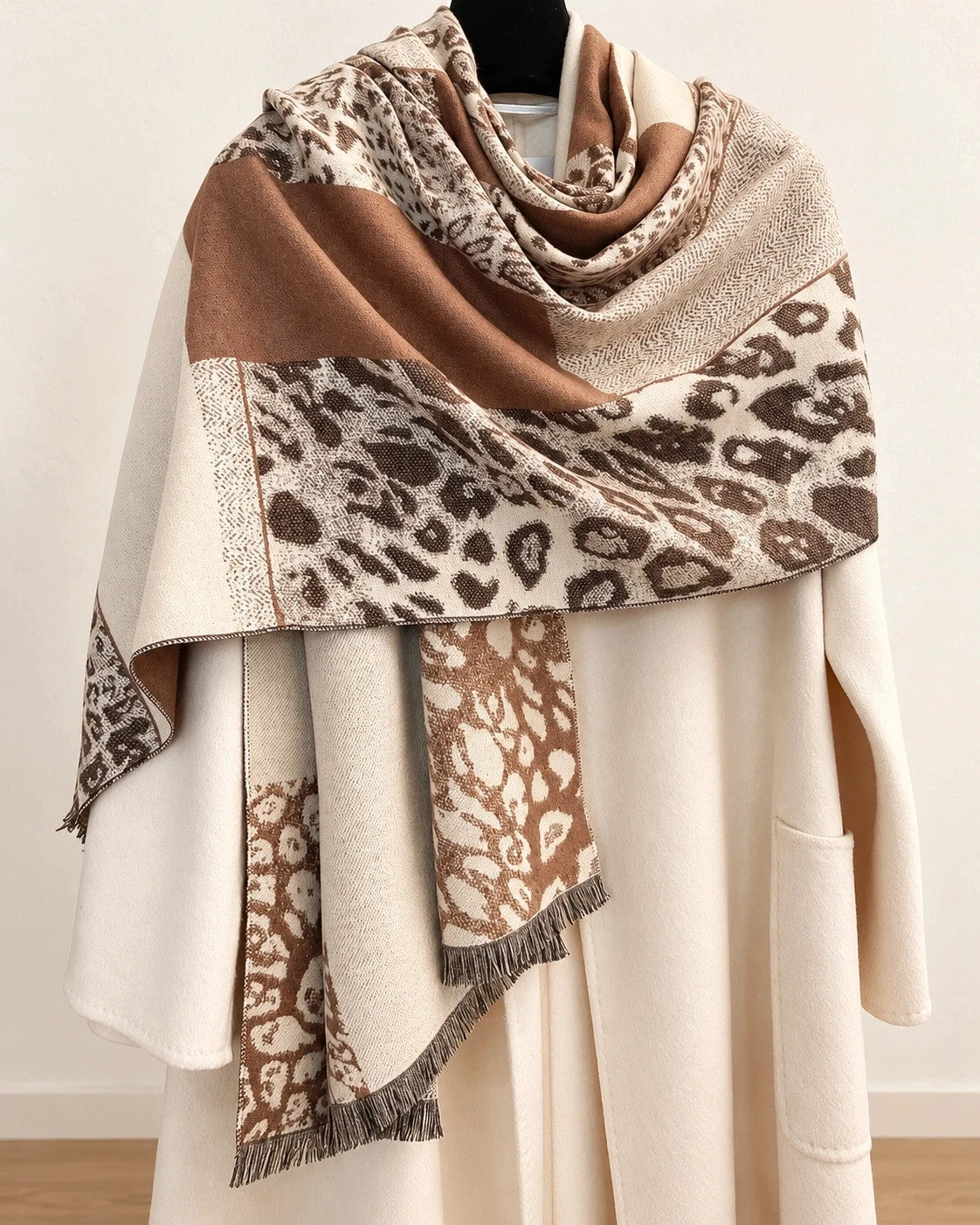 Creme beige and brown shawl reversible leopard print soft polyester fabric