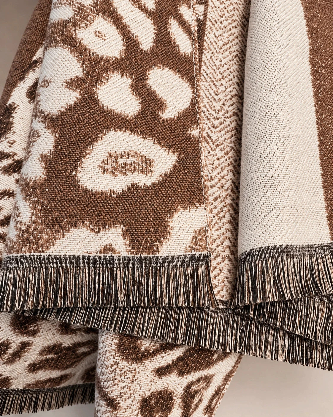 Creme beige and brown shawl reversible leopard print soft polyester fabric