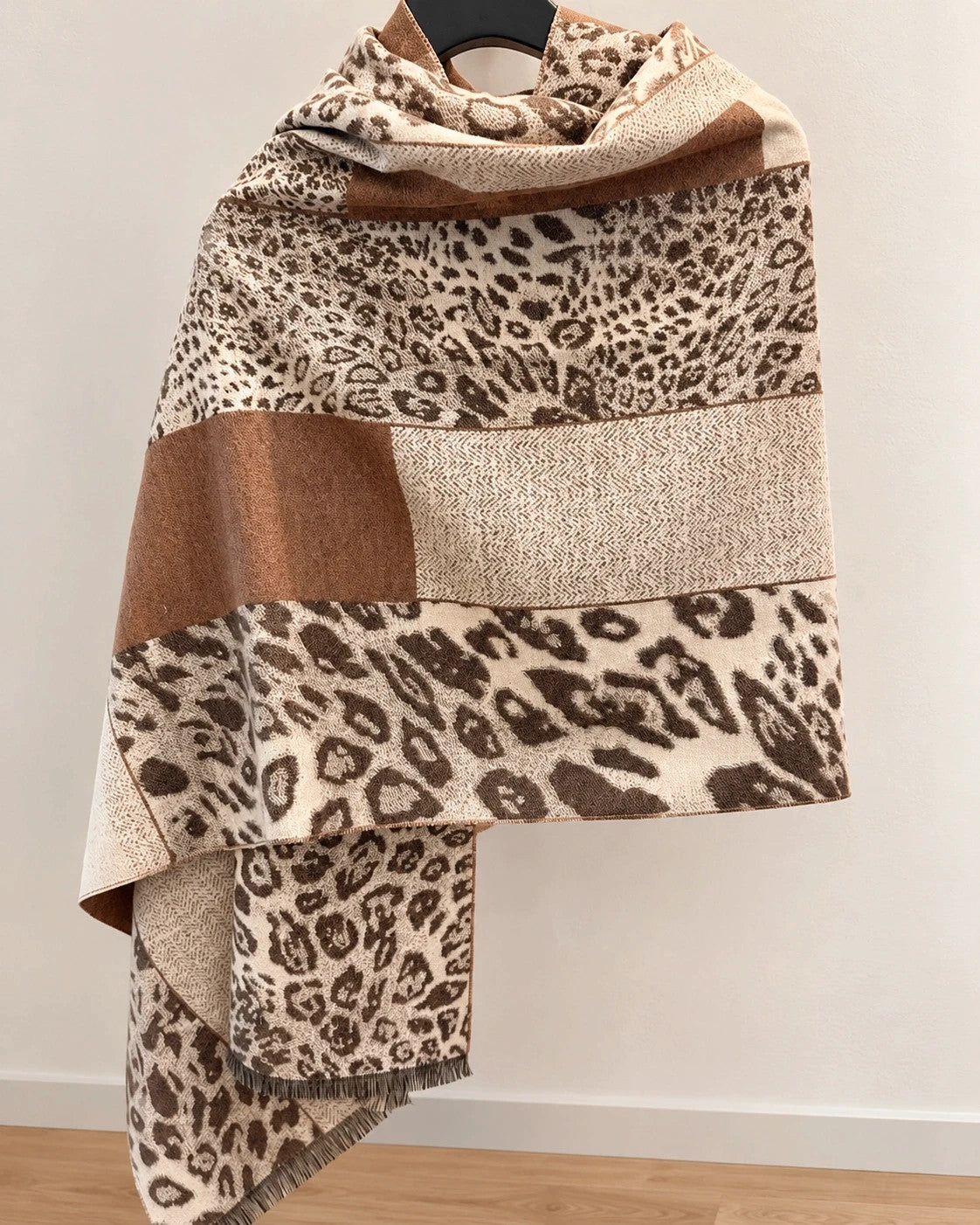 Creme beige and brown shawl reversible leopard print soft polyester fabric