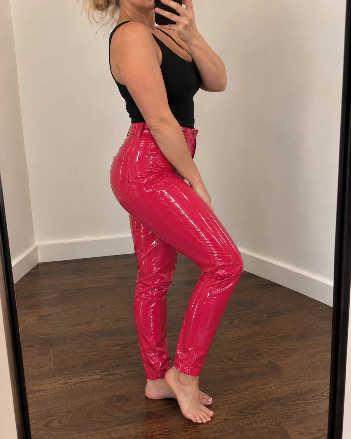 Che red high waist pants glossy finish fake pockets for taller women
