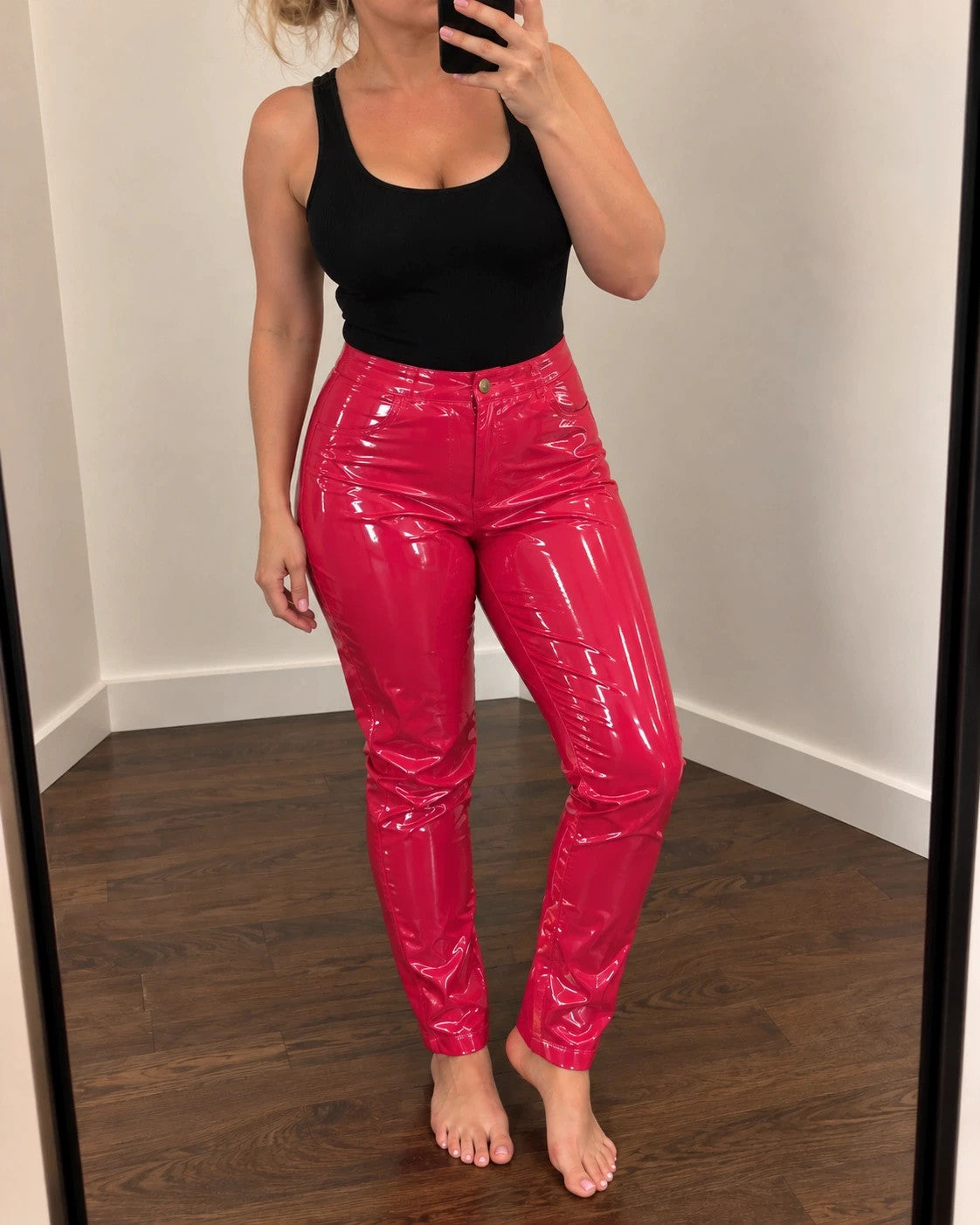 Che red high waist pants glossy finish fake pockets for taller women