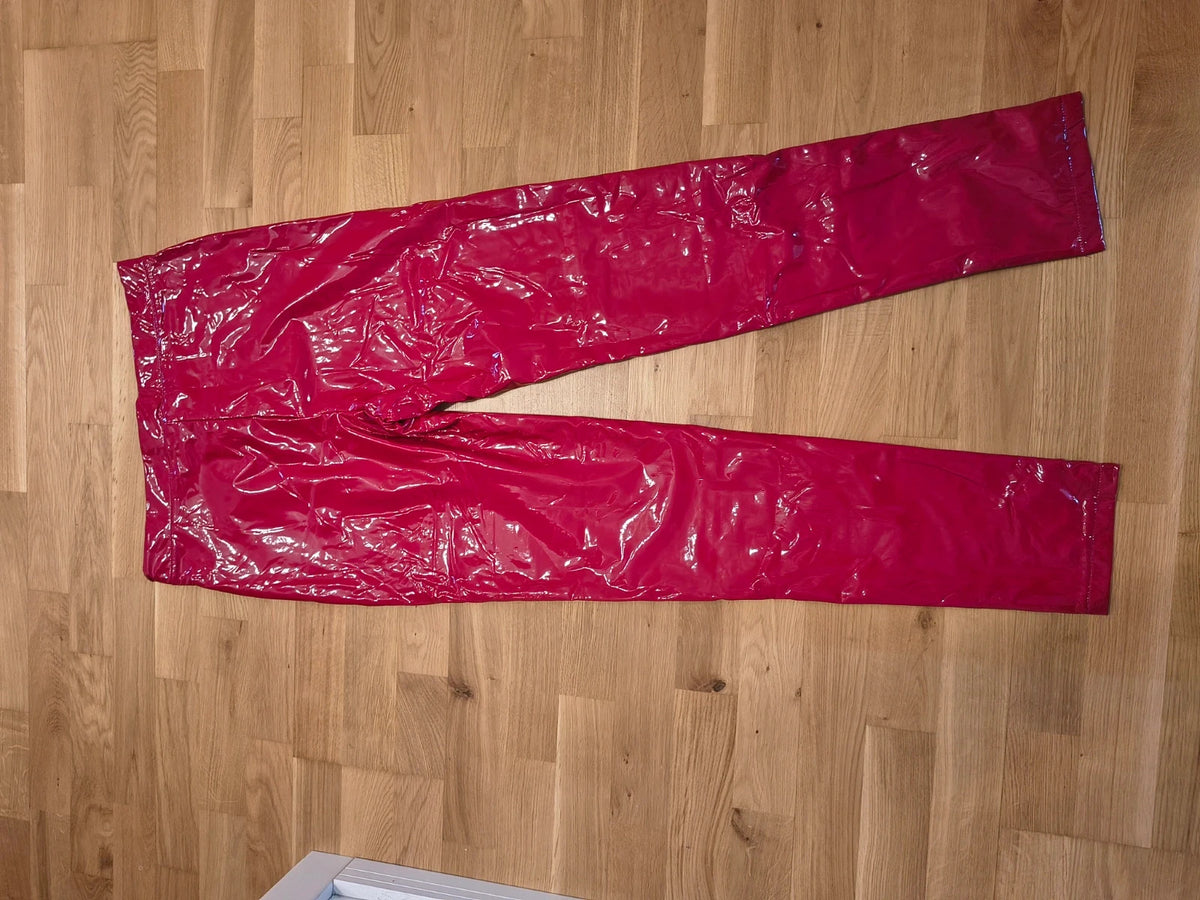 Che red high waist pants glossy finish fake pockets for taller women