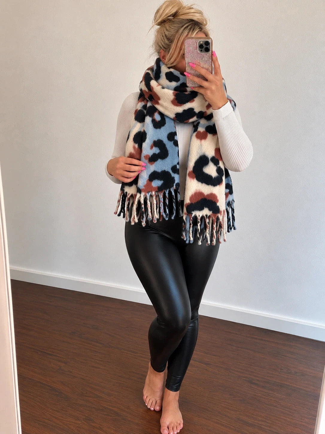 XXL multi shawl featuring plush leopard print in cream, light blue, black, and brown.