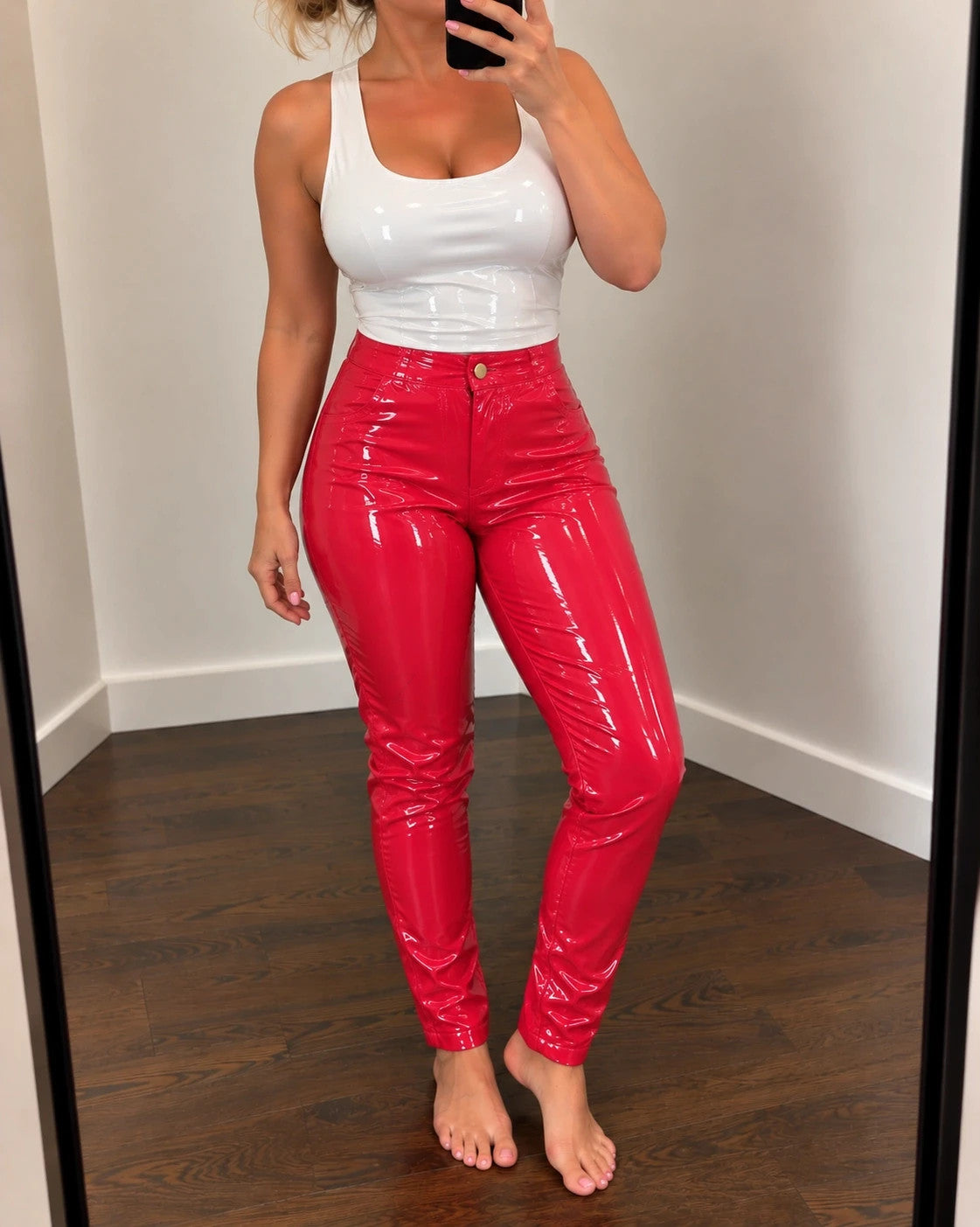 hoch red leather-look trousers glossy wetlook finish with printed pocket details