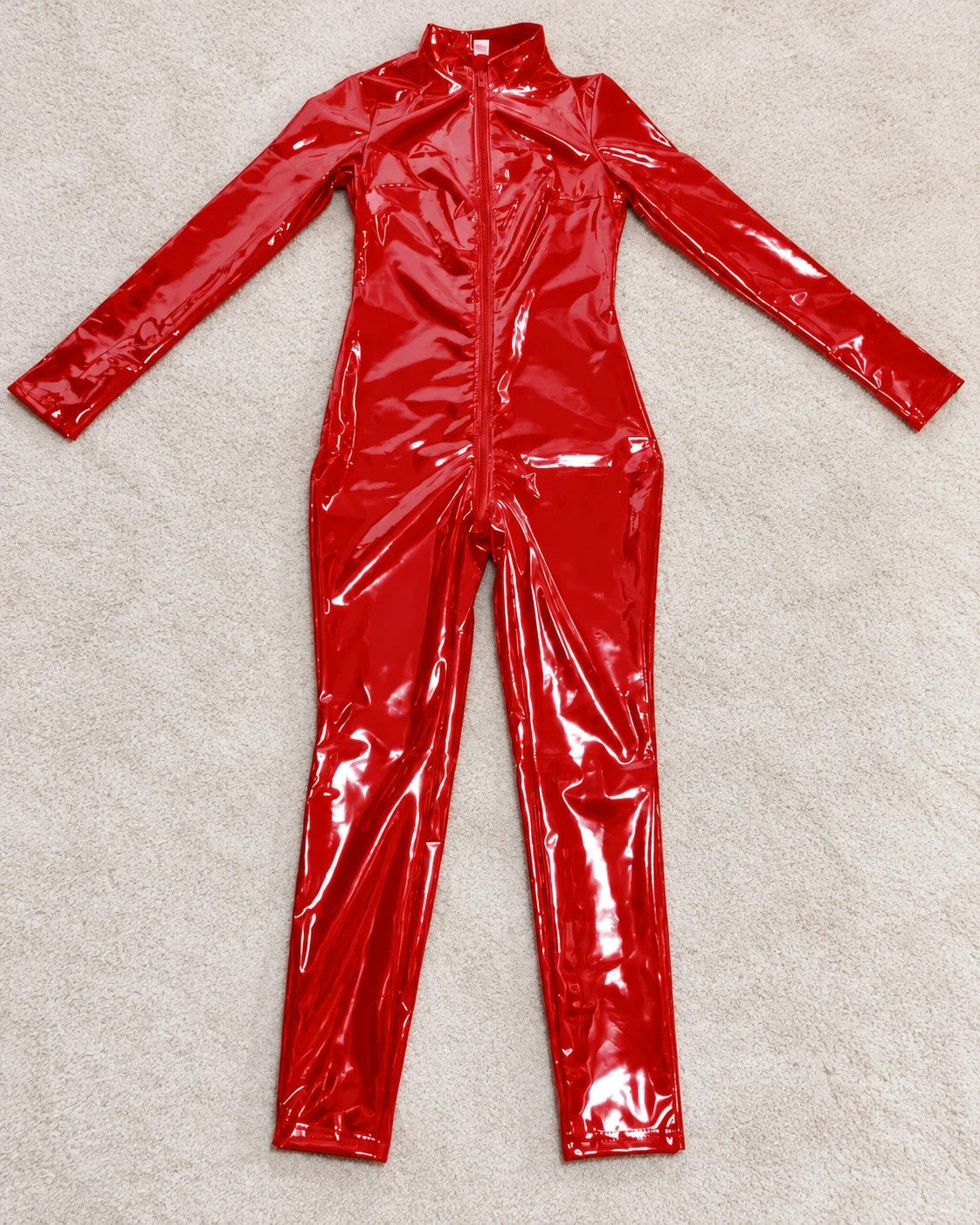 Che red jumpsuit long sleeves high collar shiny surface size M