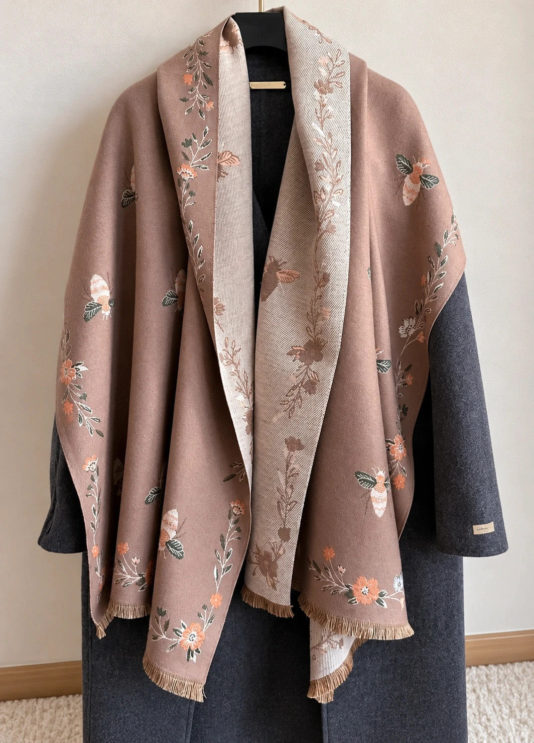 XXL beige brown shawl floral and bee pattern, reversible with decorative fringes.