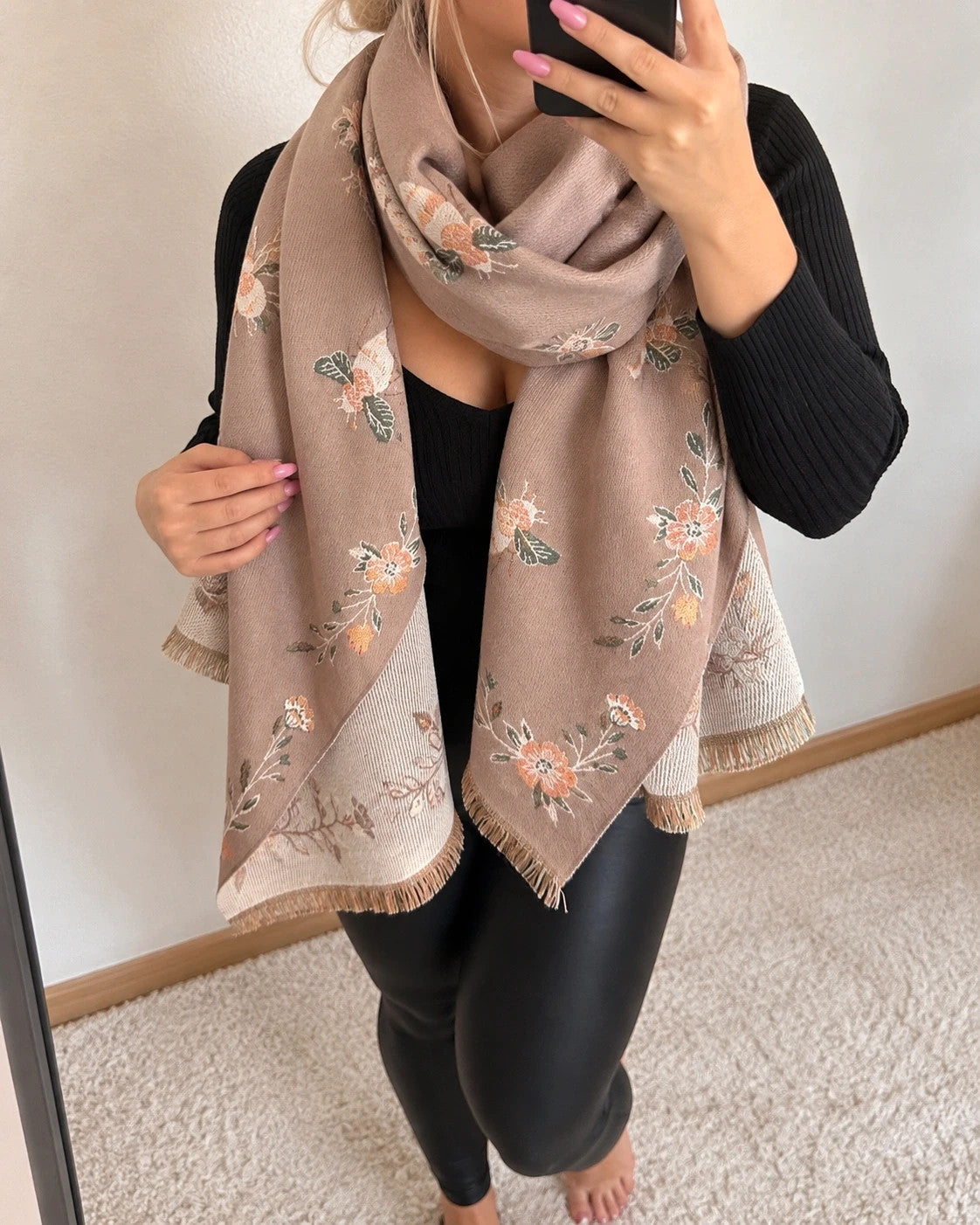 XXL beige brown shawl floral and bee pattern, reversible with decorative fringes.