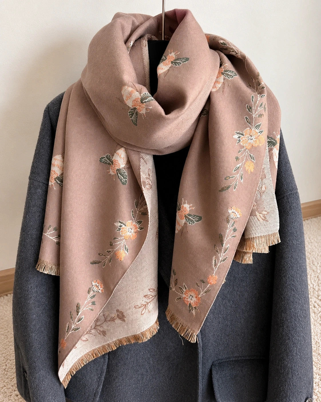 XXL beige brown shawl floral and bee pattern, reversible with decorative fringes.