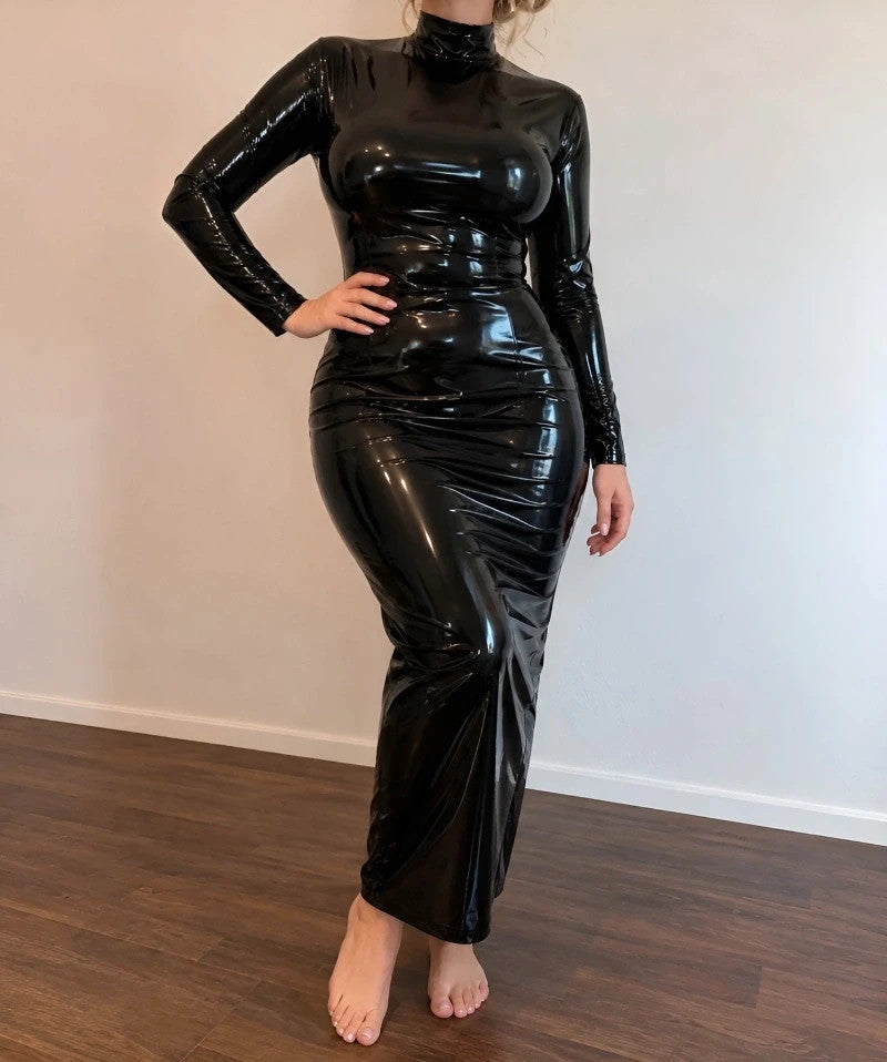 Che black maxi dress, glossy finish, fitted silhouette, long sleeves, high collar.