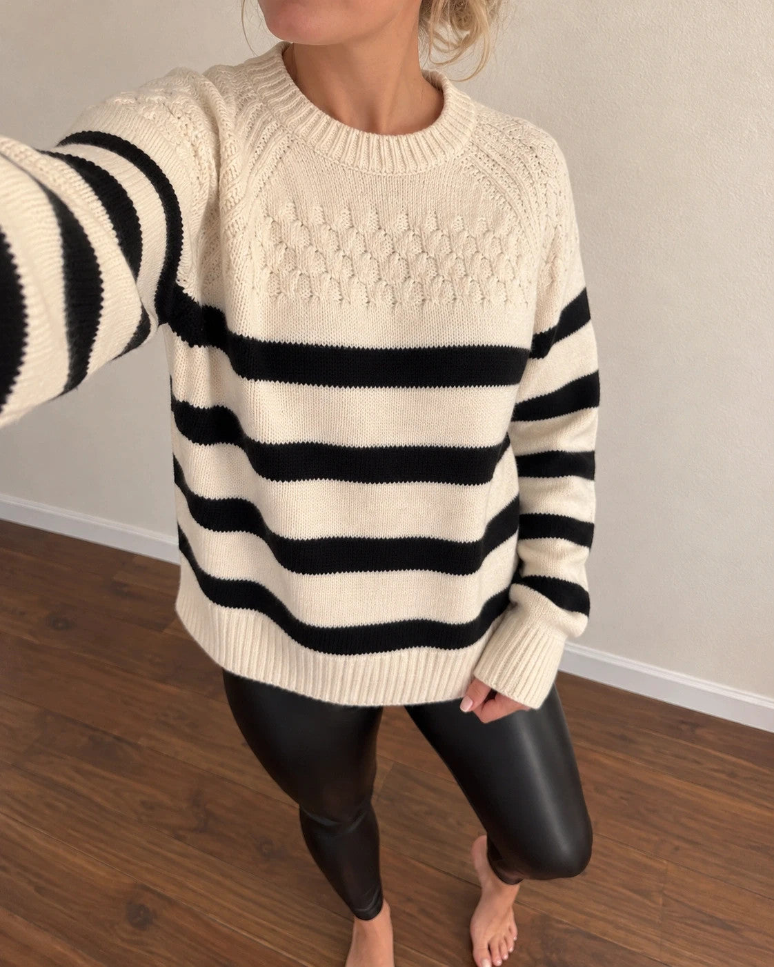 ONLY cream and black striped oversized sweater with ribbed cuffs and soft knit texture.
