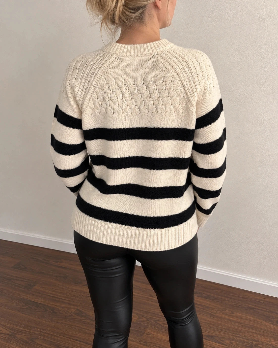 ONLY cream and black striped oversized sweater with ribbed cuffs and soft knit texture.