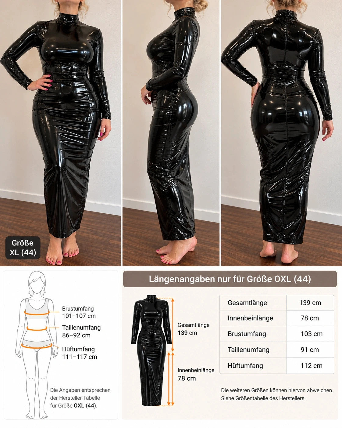 FTE black wetlook maxi dress, long sleeves, high collar, figure-hugging fit.