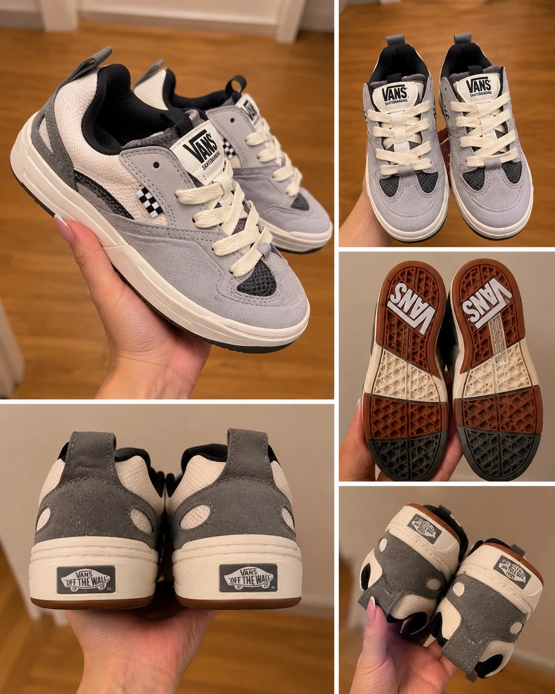 VANS grey trainers with cream and black checkerboard detail, padded tongue, and original box.