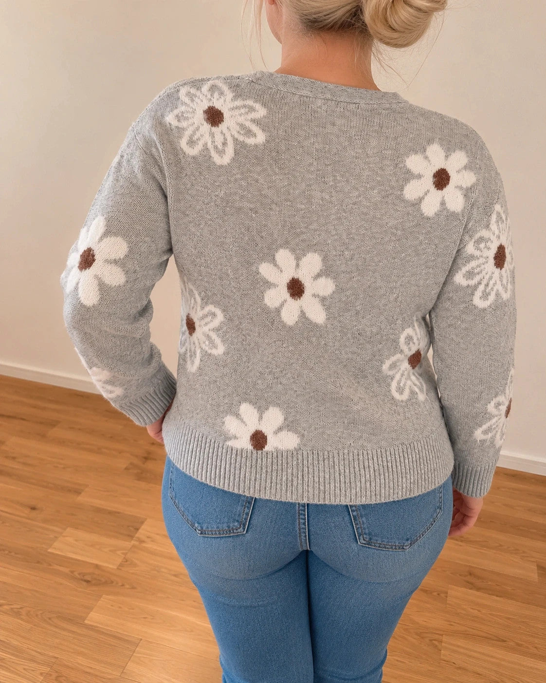 SheIn grey knit cardigan with white-brown floral pattern, V-neck, and button closure.